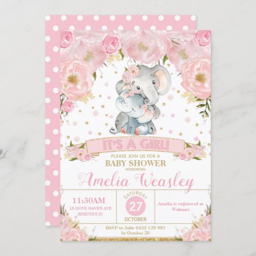 Elephant Floral Baby Shower Invitation Girl