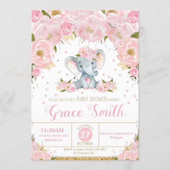 Elephant Floral Baby Shower Invitation Girl