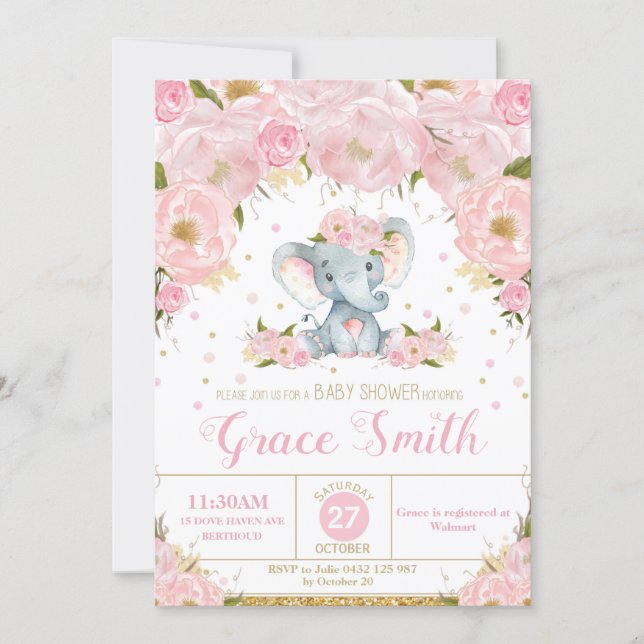 Elephant Floral Baby Shower Invitation Girl (Front)