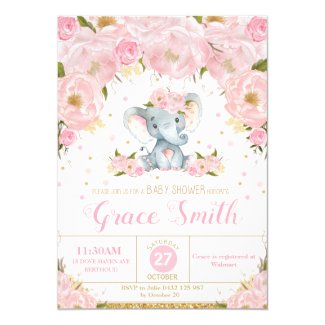 Elephant Floral Baby Shower Invitation Girl