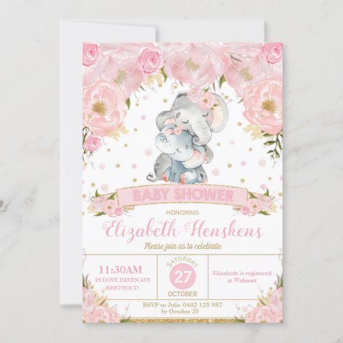 Elephant Floral Baby Shower Invitation Girl