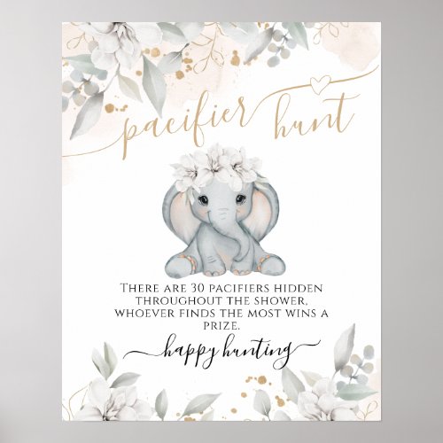 Elephant Floral Baby Shower Pacifier Hunt Game Poster