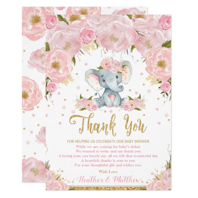 Elephant Floral Baby Shower Thank You Card Girl