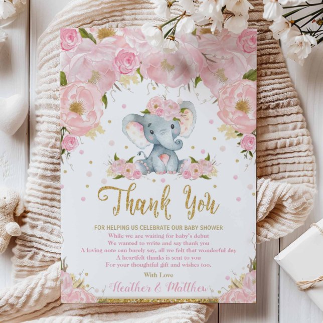 Elephant Floral Baby Shower Thank You Card Girl (Creator Uploaded)