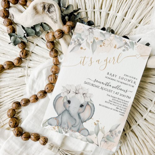 Elephant Floral Baby Shower with Book request Invitation