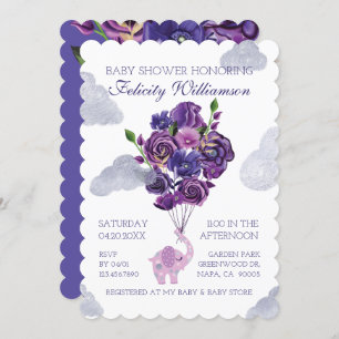 Elephant Floral Balloons Baby Shower Invitation