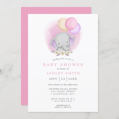 Elephant Floral Balloons Watercolor Baby Shower Invitation