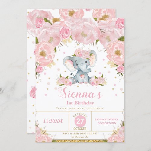 Elephant Floral Birthday Party Invitation Girl