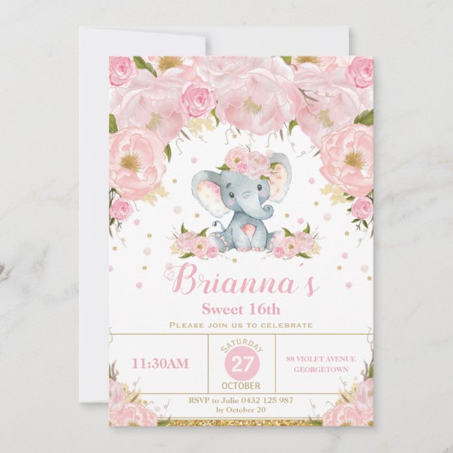 Elephant Floral Birthday Party Invitation Teenage (Front)