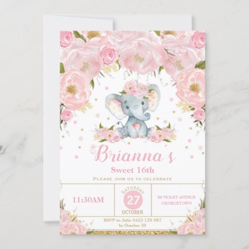 Elephant Floral Birthday Party Invitation Teenage