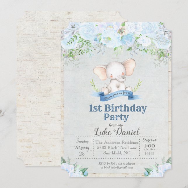 Elephant Floral Boy 1st Birthday Party Invitation (Front/Back)