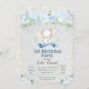 Elephant Floral Boy 1st Birthday Party Invitation