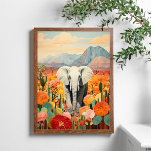 Elephant Floral Desert Mountain Colorful Poster
