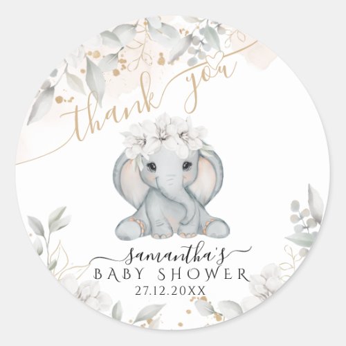 Elephant Floral eucalyptus Baby Shower Thanks Classic Round Sticker