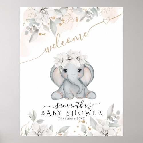 Elephant Floral eucalyptus Baby Shower welcome Poster