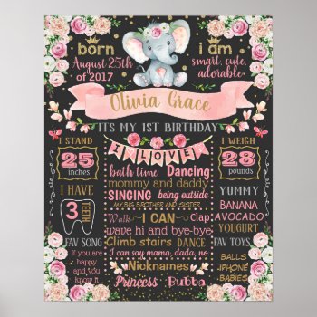 Elephant Floral First Birthday Board Sign by 10x10us at Zazzle