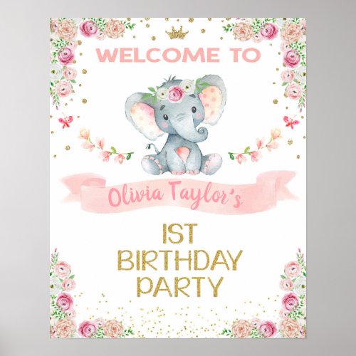 Elephant Floral First Birthday Welcome sign