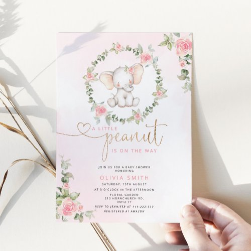 Elephant floral girl baby shower invitation
