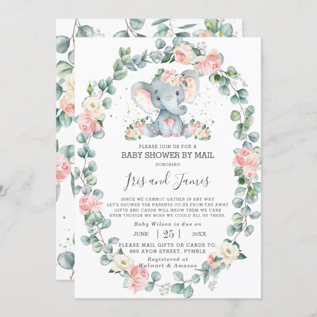 Elephant Floral Greenery Baby Shower by Mail Girl Invitation (Front/Back)