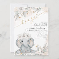 Elephant Floral Greenery eucalyptus Baby Shower Invitation