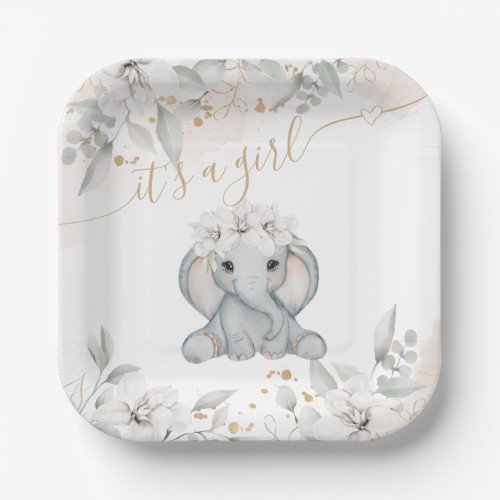Elephant Floral Greenery eucalyptus Baby Shower Paper Plates