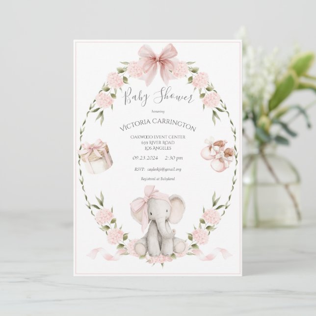Elephant Floral Hydrangeas Pink Girl Baby Shower Invitation (Standing Front)