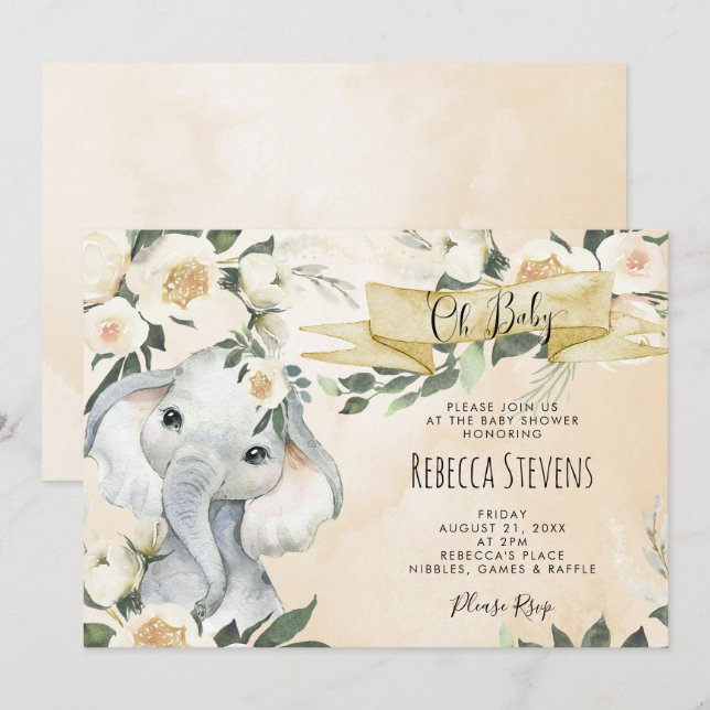 elephant floral neutral baby shower invitation (Front/Back)