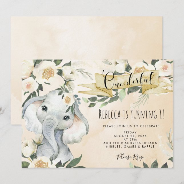elephant floral onederful birthday invitation (Front/Back)