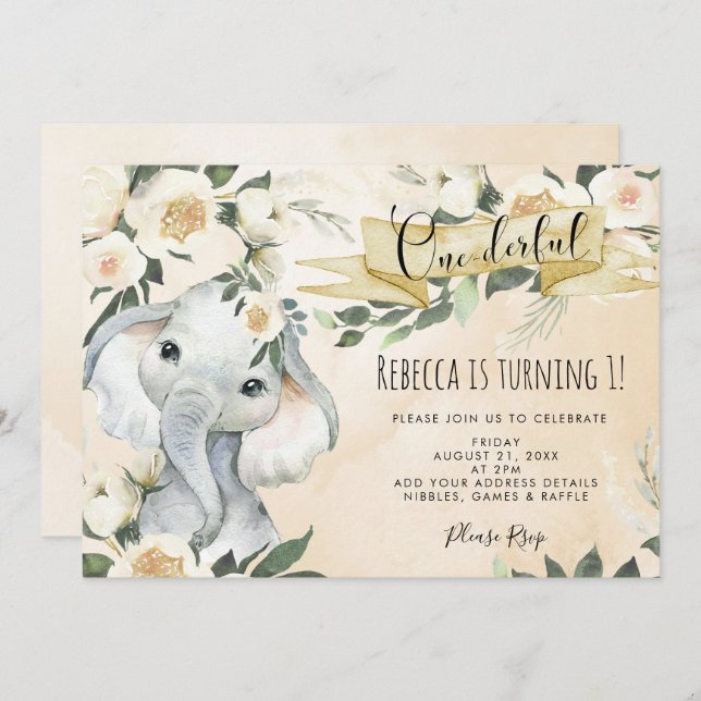 elephant floral onederful birthday invitation (Front/Back)