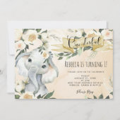 elephant floral onederful birthday invitation (Front)