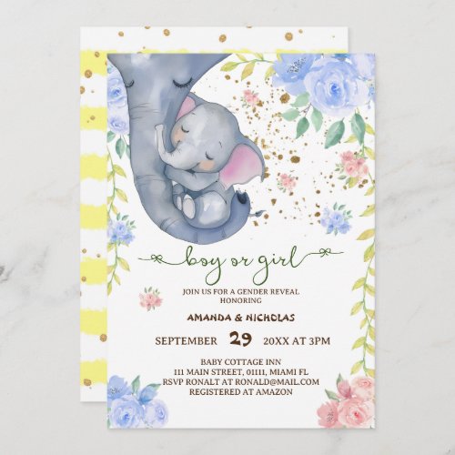 Elephant Floral Pink Blue Gender Reveal Invitation