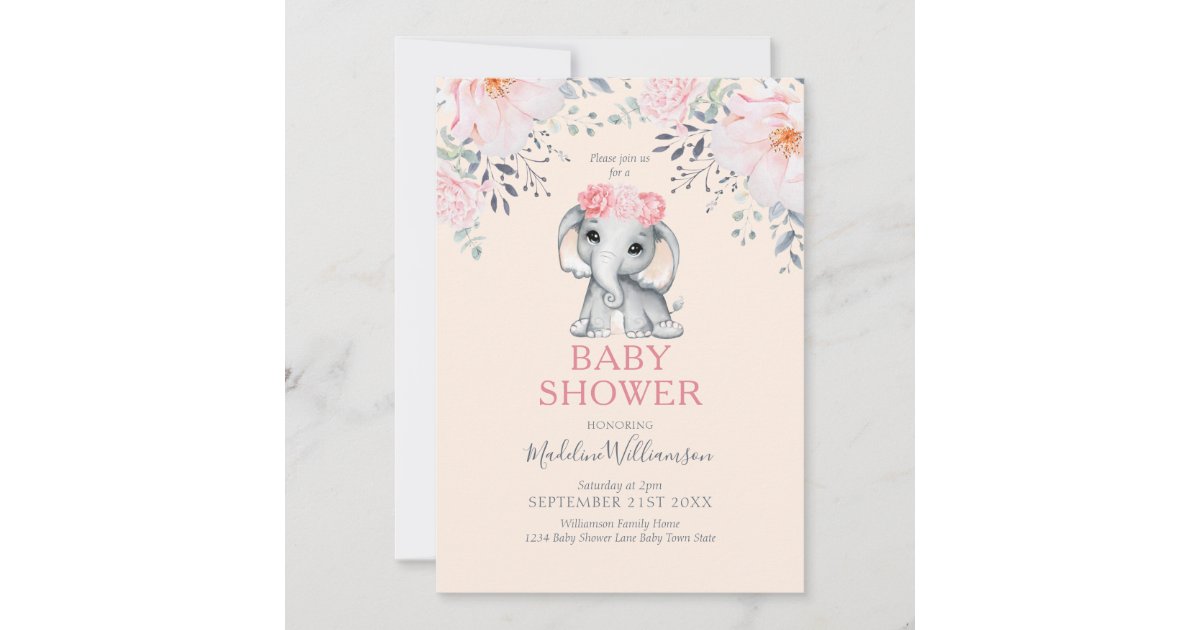 Elephant Floral Pink Girl Baby Shower Invitation | Zazzle