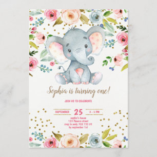 Elephant Floral Rustic Girl 1st Birthday Blush Invitation