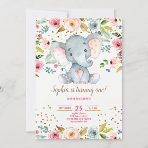Elephant Floral Rustic Girl 1st Birthday Blush Invitation