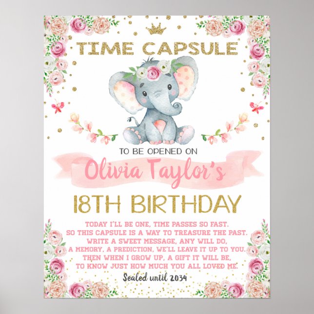 Elephant floral Time Capsule first birthday Poster (Front)