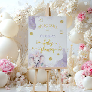 Elephant Floral Violet Baby Shower Welcome Sign
