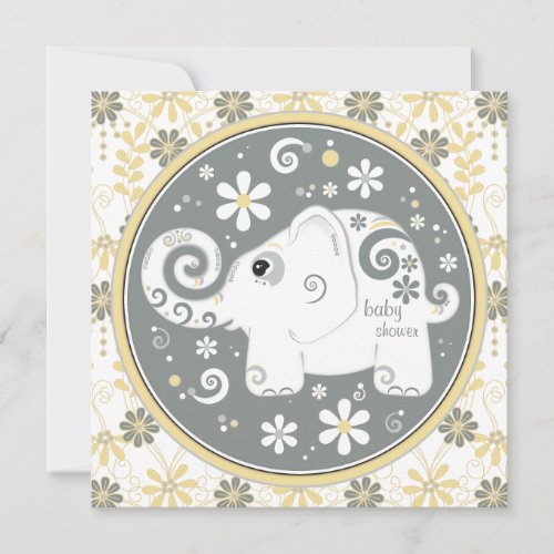 Elephant Floral Yellow Grey Baby Shower Invitation