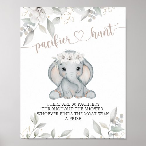 Elephant  Flower Baby Shower Pacifier Hunt Game  Poster