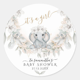  Elephant Flower eucalyptus it's girl Baby shower  Classic Round Sticker