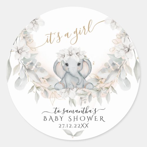  Elephant Flower eucalyptus its girl Baby shower  Classic Round Sticker