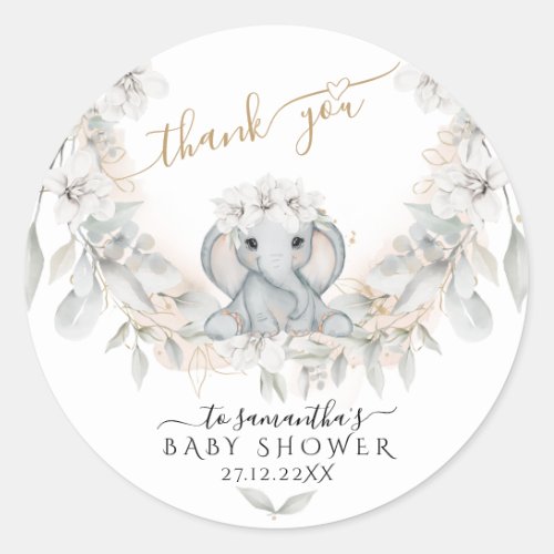  Elephant Flower eucalyptus its girl Baby shower Classic Round Sticker