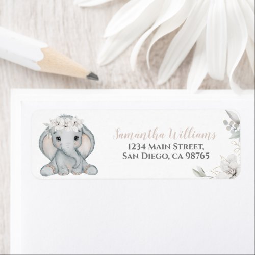 Elephant  Flower Watercolor Baby Shower address Label