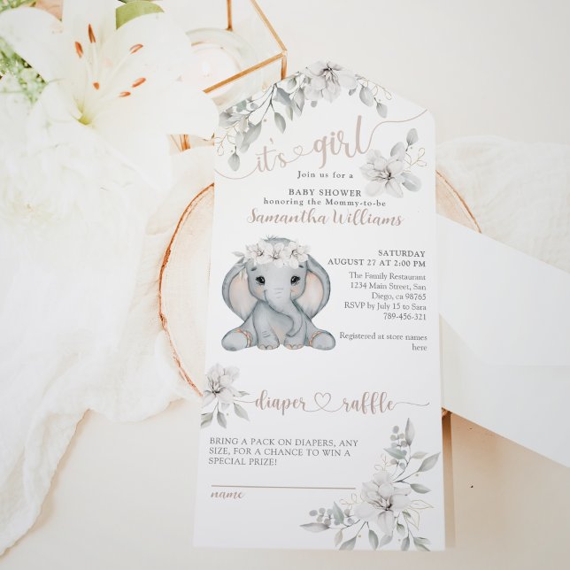 Elephant & Flower Watercolor Baby Shower  All In One Invitation