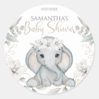 Elephant & Flower Watercolor Baby Shower  Classic Round Sticker