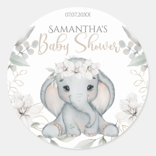 Elephant  Flower Watercolor Baby Shower  Classic Round Sticker