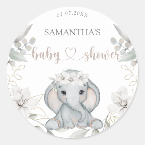 Elephant  Flower Watercolor Baby Shower  Classic Round Sticker