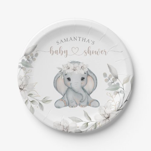 Elephant  Flower Watercolor Baby Shower  Paper Plates
