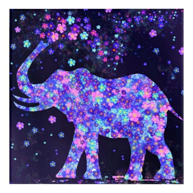 Elephant Flowers Acrylic Print - Painting Art (Front)