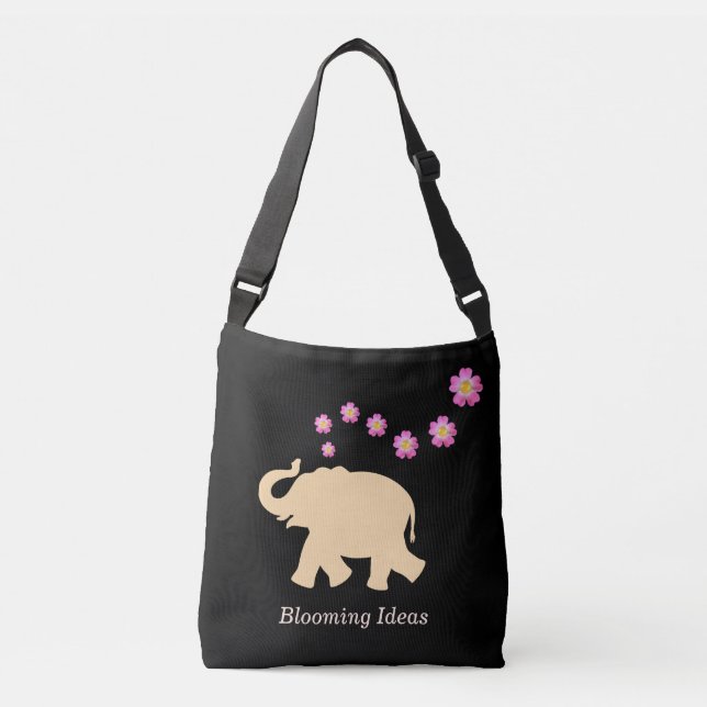 Elephant, Flowers & Blooming Ideas Text on Black Crossbody Bag (Front)