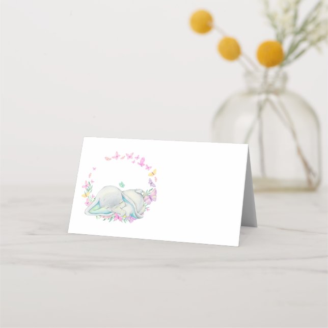 Elephant flowers Blue Place Card (Front)
